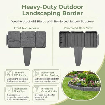 20 Pack Imitation Stone Garden Fence, Landscape Edging, Weatherproof Plastic Border for Flower Beds, Lawn & Walkway
