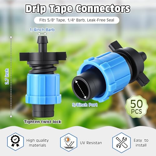 Feekoon Drip Irrigation Tool Kit, 50 Pcs Drip Tape Connectors, Drip Irrigation Tubing Hole Punch, Drip Tape Cutter,1/4 Barb Coupling Locking Fittings for 5/8 Drip Tape, Drip Tape Fittings