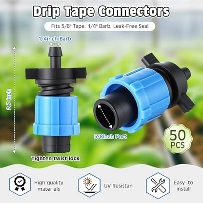 Feekoon Drip Irrigation Tool Kit, 50 Pcs Drip Tape Connectors, Drip Irrigation Tubing Hole Punch, Drip Tape Cutter,1/4 Barb Coupling Locking Fittings for 5/8 Drip Tape, Drip Tape Fittings