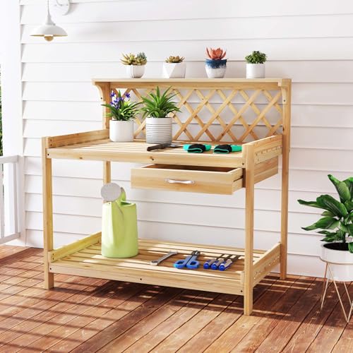 Giantex Potting Bench, Wood Potting Table with 3-Tier Shelves, 1 Drawer, Outdoor Wooden Workbench w/Lattice Trellis, Indoor Outdoor Planting Table for Backyard, Balcony, Lawn (Natural)