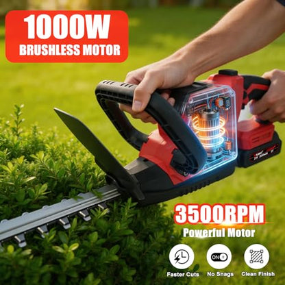 22" Cordless Hedge Trimmer, Electric Bush Trimmer with 2 Pack Battery - color: Red