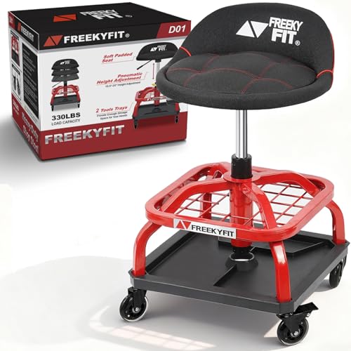 Rolling Shop Stool with Wheels, Garage Work Mechanic Stool with Backrest, Roller Mechanic Chair, Adjustable Height, 360° Swivel, Tool Tray Storage, 330 LBS Capacity, Heavy Duty, Red - color: Red