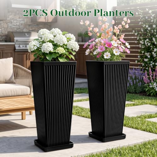 24" Tall Black Planters for Outdoor Plants with Tray Set of 2 Resin - color: Black-smooth