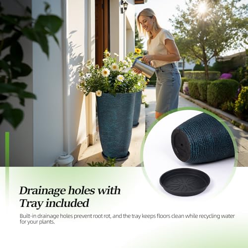 QCQHDU Set of 2 Large Tall Blue Planters with Saucer - 9 Gallon 12" Diameter x 21" H Faux Stone Round Pots for Indoor Plants, Outdoor Patio & Porch Decor, Heavy Duty Weatherproof Plant Containers - color: Blue