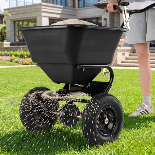 66LBS Walk-Behind Broadcast Spreader with 13" All-Terrain Pneumatic Tires, 6.5FT Spreading Width & Adjustable Flow Control, Push Fertilizer Spreader for Grass Seed, Salt & Ice Melt (Black) - color: Black