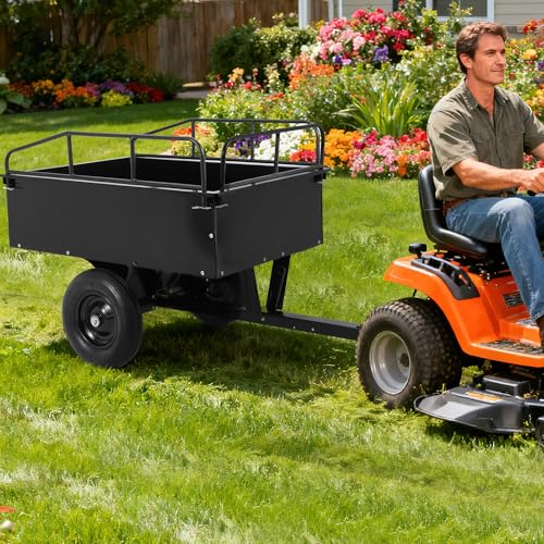 Heavy Duty ATV Trailer Tow Behind Steel Dump Cart 750LBS Capacity, 15 Cu. Ft Garden Utility Trailer with Removable Sides & Rear Hitch, Reinforced Steel Frame, for Riding Lawn Mower Tractor