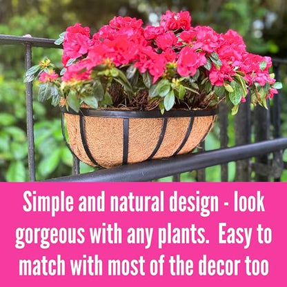 LaLaGreen Deck Railing Planter Boxes (16 Inch, 2 Pack) Black Metal Rectangular Hanging Planters with Coco Liner, Adjustable Flower Planter Box Brackets for Plants Fence Balcony Patio Porch Over Rail - size: 16" (41cm) x 2 pack