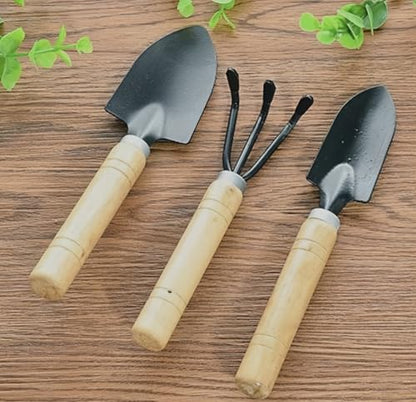 Garden Hand Tool Set, 3-Piece Mini Planting Tools with Wooden Handles, Trowel Rake and Cultivator