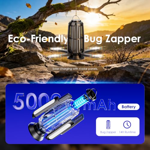 2 Pack Solar Bug Zapper Outdoor – 5000mAh Battery, 4200V Mosquito Zapper, USB-C Rechargeable & 4-Sided Solar Panels, Waterproof Portable Fly Zapper with LED Light for Patio, Garden, Camping, Backyard - color: 2 Pack, Black