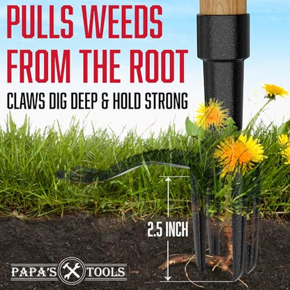 MELISSA AND HARRY Papa's Tools Weeder - Stand Up Weed Puller Tool Made with Long Wooden Handle - Real Bamboo & 4-Claw Steel Head (Natural / 3PC) - color: Natural / 3PC
