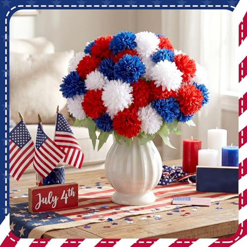 XunYee 12 Pcs Red White Blue Artificial Flowers for Outdoor,Faux Mums - color: Patriotic Tricolor