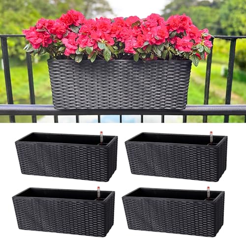 LaLaGreen Deck Railing Planter Box (20 Inch, 4 Pack) Black Rectangular Window Flower Boxes with Bracket, Self Watering System Hanging Planter Box for Outdoor Plant Container Herb Rail Fence Balcony - color: Black X 4