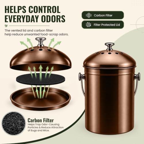 Epica Kitchen Compost Bin for Kitchen Countertops, 1.3 Galllon - Copper - color: Copper