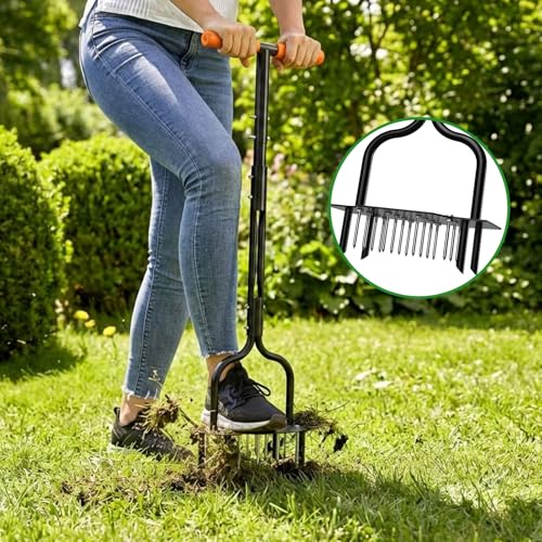 Luvenia Lawn Aerator Tool, 40 Inch Heavy Duty Manual Lawn Aerator, 16 Iron Spikes Metal & 4 Hollow Slots, Upgraded Exhaust Loosening 2-in-1,Garden Cleaning Hand Tool for Yard, Revives Lawn Health