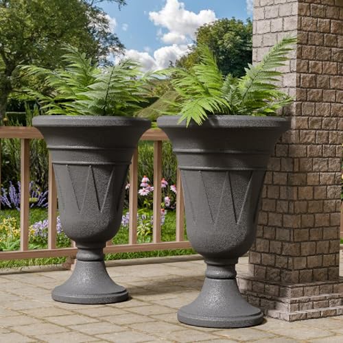 Tall Plastic Urn Planters and Pedestal - 24" Outdoor Planter Grey - color: Dark Grey-trophy