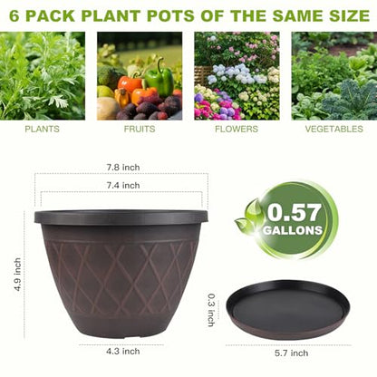 6 Pack 8 Inch Plant Pots, Planters with Drainage Holes & Saucers - color: Plaid Pattern-brown, size: 8 Inch - 6Pack