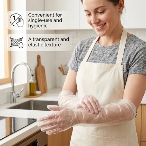 Larrel Long Disposable Gloves for Cleaning, 10Pcs Clear Waterproof Protective Dishwashing Gloves, Long Plastic Glove for Household Cleaning, Dishwashing, Gardening(18.11in/46cm)