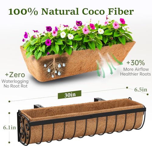 VOXOR Railing Planter Boxes, 30 Inch Window Boxes Planters, Balcony Planters with Adjustable Brackets & Coco Liner for Outdoor Fence, Deck, Porch, and Patio Gardening, 3 Pack - size: 30 Inch