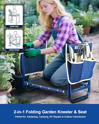 KVR Garden Kneeler and Seat Heavy Duty, 7-Piece Foldable Gardening Bench & Stool Set with 3 Aluminum Tools, 2 Secure Tool Pouches and Double-Layer Tote Bag, Gift for Seniors - color: Blue