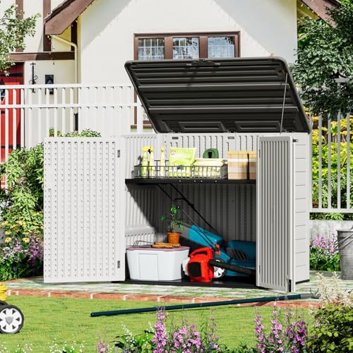 ZZM Large Outdoor Storage Shed, 48 Cu Ft Resin Versatile Storage Cabinet for Patio Accessories, Trash Cans & Garden Tools, Durable Horizontal Storage Box with Lockable Lid (White) - color: White-48 cu ft