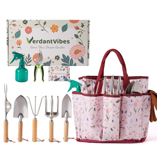 VerdantVibes Gardening Tools Set - 10 Piece Stainless Steel Garden Tools with Wood Handle, Pruners & Romantic Pink Floral Tote Bag - Cute Heavy Duty Gardening Gifts for Women Mom Wife - color: Pink