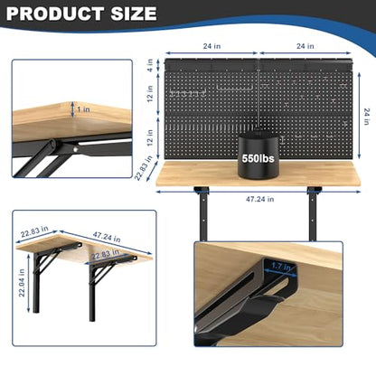 Ultrawall Wall Mounted Workbench with Pegboard, Folding Down Work Table - size: 47.24"x22.83" workbench
