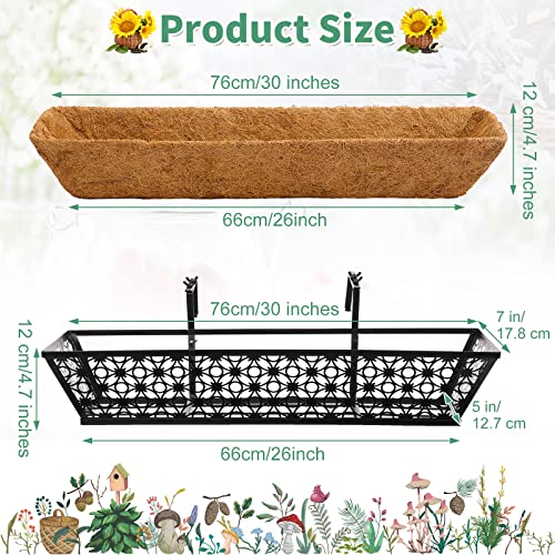 Geetery 4 Pcs 30 Inch Deck Railing Planter Boxes with Adjustable Brackets Coco Liner, Window Hanging Flower Baskets Trough Black Metal for Summer Porch Fence Patio Balcony Garden Outdoor Indoor