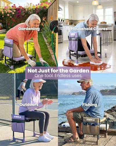 Aimerla K7 Foldable Garden Kneeler Seat, Upgraded Anti-Slip Base, 350LBS Capacity, 10.2" Wide EVA Pad & Detachable Cloud Cushion, 2-in-1 Kneeler Bench for Seniors, Gardening Gifts for Parents - color: Lavender