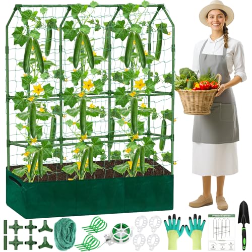 A-Frame Cucumber Trellis - 65 in (H) X 50 in (L) Supports Climbing Plants with Rectangle Raised Bed, Durable Garden Trellis for Outdoor Supporting Cucumbers Peas Vines, Includes Clips & Netting - color: A-Frame 65'' (H) X 50'' (L)+Raised Bed