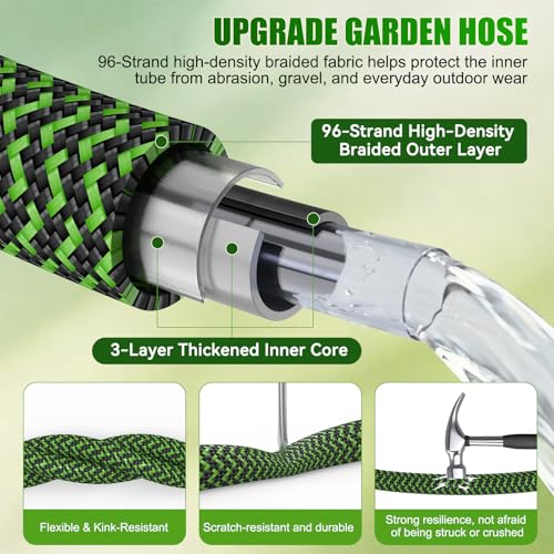 NON-EXPANDABLE Garden Hose 150ft x5/8'', Heavy Duty Flexible Water Hose with 10-Function Sprayer, Lightweight, Leak Proof, Durable Fabric Skin, Pressure Resistant for Yard, Outdoor - size: 150ft