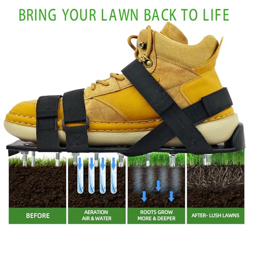 Lawn Aerator Shoes, Aerator Lawn Tool One Size Fits All for Yard Patio Lawn and Garden, Newly Upgraded X-Shaped 8-Strand Straps, Steel Spikes for Soil Aeration
