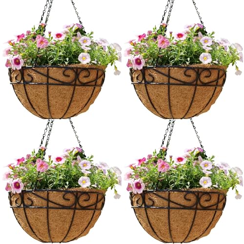 14 Inch Hanging Planters (4 Pack) - Round Metal Baskets with Cocoa Liners for Indoor/Outdoor Gardens, Porch & Patio Decor（HB） - color: Flower, size: 14inch