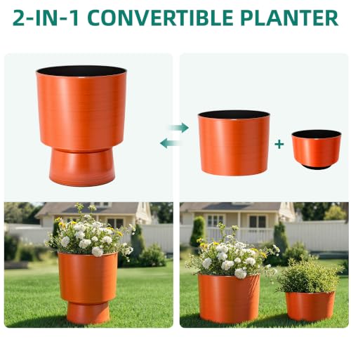 16.8" Planters for Outdoor Plants, Large Urn Flower pots S/2 - color: 16.8"-orange Linear Texture