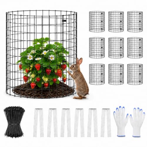 Plant Cages for Garden, 10 Sets 30Pcs Pre-Bent Wire Plant Protectors, 14" H x 13" D Cylinder Mesh Covers with Zip Ties, Gloves & Stakes, Animal Barrier for Rabbits Chickens from Vegetables Flowers - color: 10 Pack