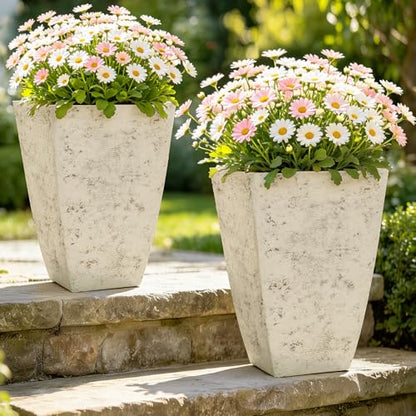 2-Pack 19" Country White Resin Square Planters with Drainage Hole - color: 19"h-ivory Rustic Stone