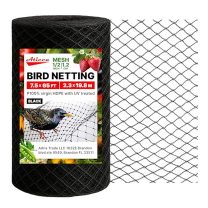ATICCA 7.5 x 65 FT Heavy Duty Bird Netting for Garden, 10 Stakes, Black - size: 7.5x65 Bird Netting