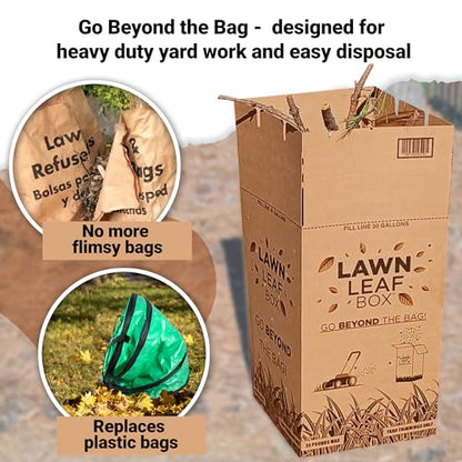 Lawn Leaf Box-Replaces Paper Bags. Heavy Duty Waste Container Weather Puncture Resistant Reusable 30 Gallon Takes Sticks No Rips Folds Flat Built In Lid-Ventilation Slots-American Made Patented
