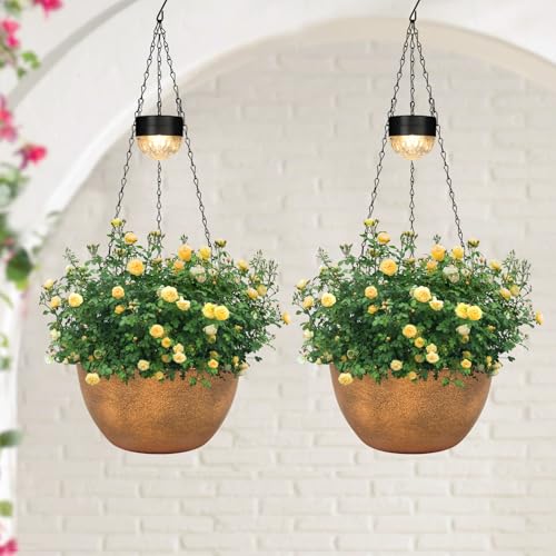 SUNNYPARK 2 Pack Solar Hanging Planters for Plants Outdoor - color: Bronze