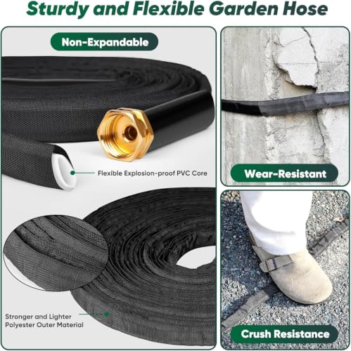 Garden Hose 50FT, Non-Expanding Water Hose with 3/4'' Standard Fittings - color: Black, size: 50ft