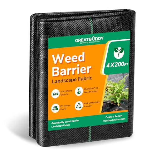 GreatBuddy 4FT × 200FT Weed Barrier Landscape Fabric Heavy Duty, 3.2oz High Density Weed Cloth for Greenhouse, Garden, Yard, Pathway, Ultra Durable Woven Weed Control Ground Cover, Easy Setup - size: 3.2oz-4x200FT