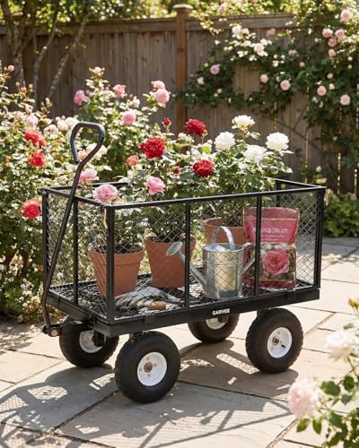 Heavy Duty Steel Garden Cart 800 lbs, Outdoor Utility Wagon with Removable Mesh Sides, 10" All-Terrain Pneumatic Tires and Rotating Handle, Waterproof Bag Included, Gardening Landscaping Lawn Cart