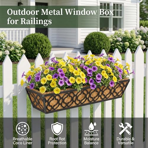 HFHOME 4 Pcs 30" Window Box Deck Railing Planter Box with Horse Trough Coco Liners, Black Metal Hanging Flower Planters Baskets for Indoor, Outdoor, Balcony, Porch, Fence, Patio, and Lawn - size: 30 Inch 4-Pack Flower-Pattern