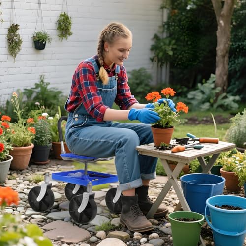 Garden Cart with Seat and Wheels, Blue - color: Blue