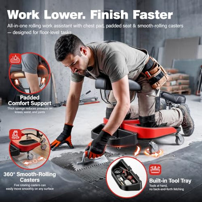 Kneeling Sitting Creeper with Chest Support, Rolling Knee Pads with Adjustable Seat & Tool Tray, 3-Inch Multi-Terrain Casters & Anti-Flip Protection for Tile Flooring, Auto Repair & Gardening