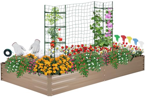 ONCEMORE Galvanized Raised Garden Bed for Vegetables Flowers Herbs, Metal Raised Garden Bed Kit with 2 PCS Tomato Cage, Gloves, Trellis Netting, Plant Labels, Plant Ties, Brown 6×3×1FT - color: Brown, size: 6x3x1 FT
