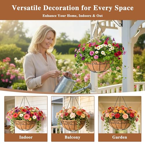 4 Pack Hanging Planter for Outdoor Plants 14 inch Metal Hanging Flower Basket with Coco Coir Liner Round Wire Plant Holder Chain Flower Pots Outdoor Garden Decoration Watering Hanging Baskets（HB） - size: 14" x 4 Pack, style: Flower Border