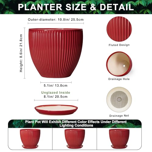 10 Inch Plant Pot, Ceramic Planters with Saucer, Red - color: Red, size: 10 Inch