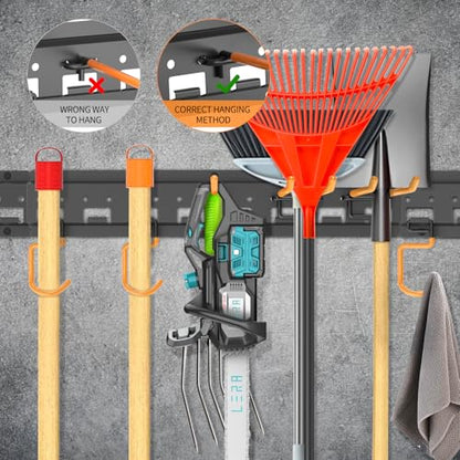 Garden Tool Organizer Wall Mount - Garage Storage and Organization Yard Tool Hanger with Adjustable Pegboard Hooks Shed Rack for Broom Mop Shovel Rake Trimmers, 48 inch Max 550lbs, Black - size: 48 Inch