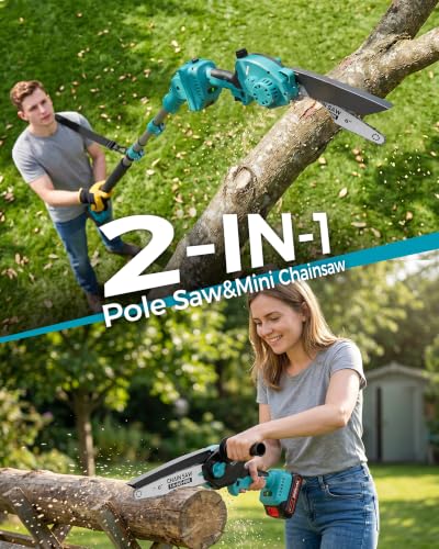 Pole Saws for Tree Trimming, 6" Brushless Mini Chainsaw with Extension Pole - color: Sky Blue