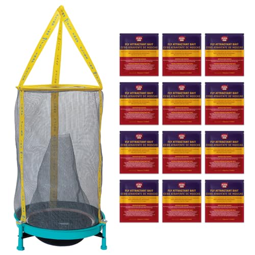 EZ Fly Cage Ranch Fly Trap with 2 Flies Inn Fly Attractant Bait Refill, Low Odor, Reusable, Built to Last for Years (1 Trap+12 Bait, 1) - style: 1 Trap+12 Bait